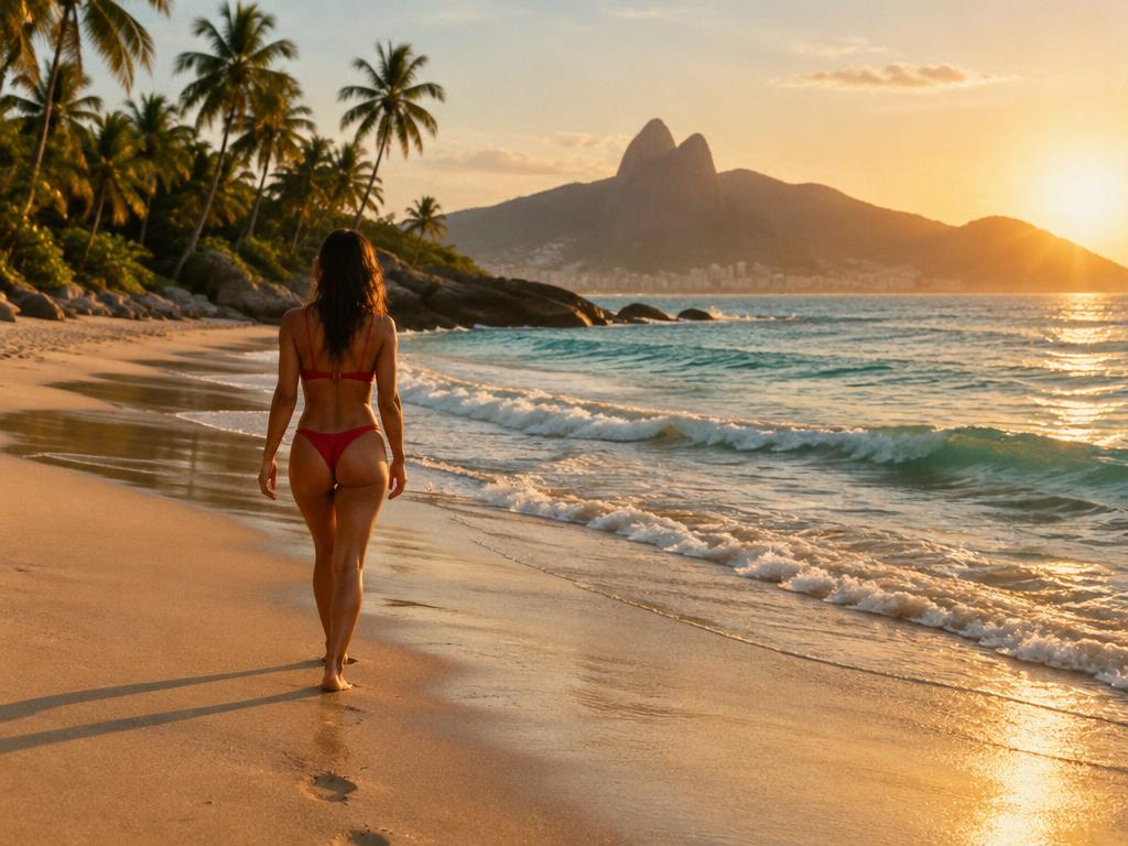 Illustrative photograph of a woman in a red swimsuit walking along a Brazilian beach at golden hour, face not visible