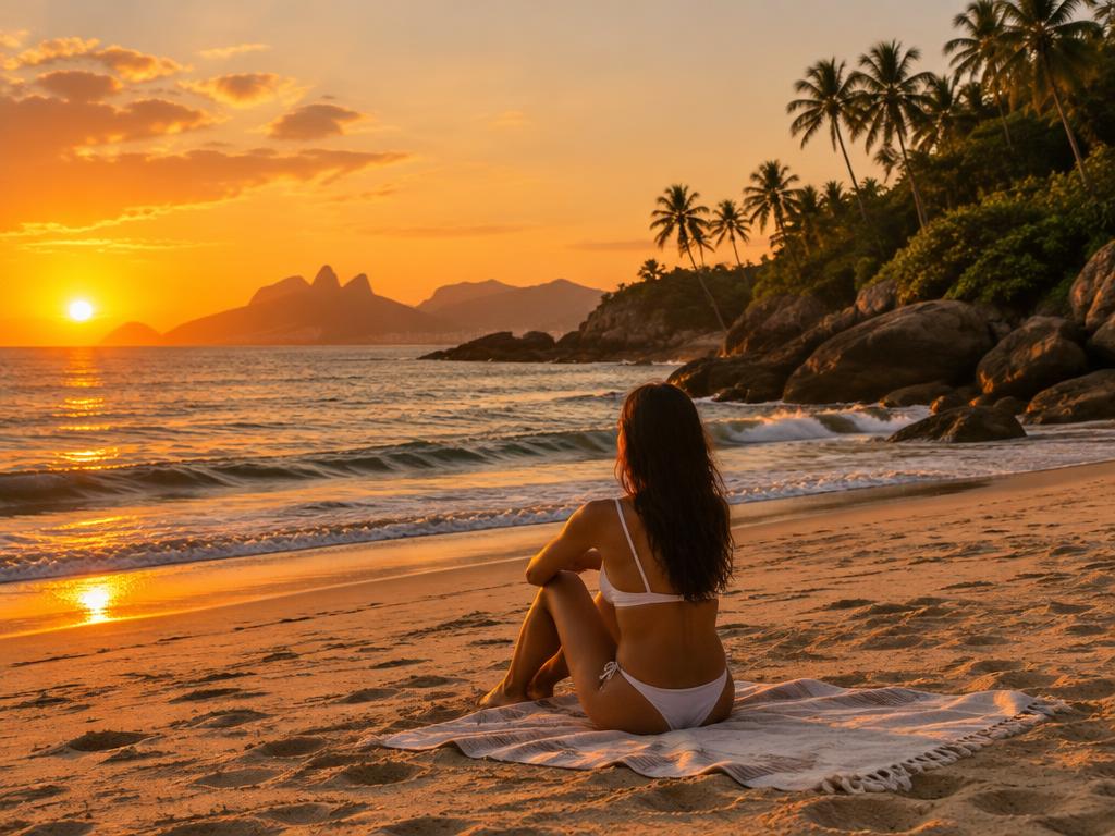 Illustrative photograph of a woman in a white swimsuit sitting on a towel on the sand at sunset, seen from behind