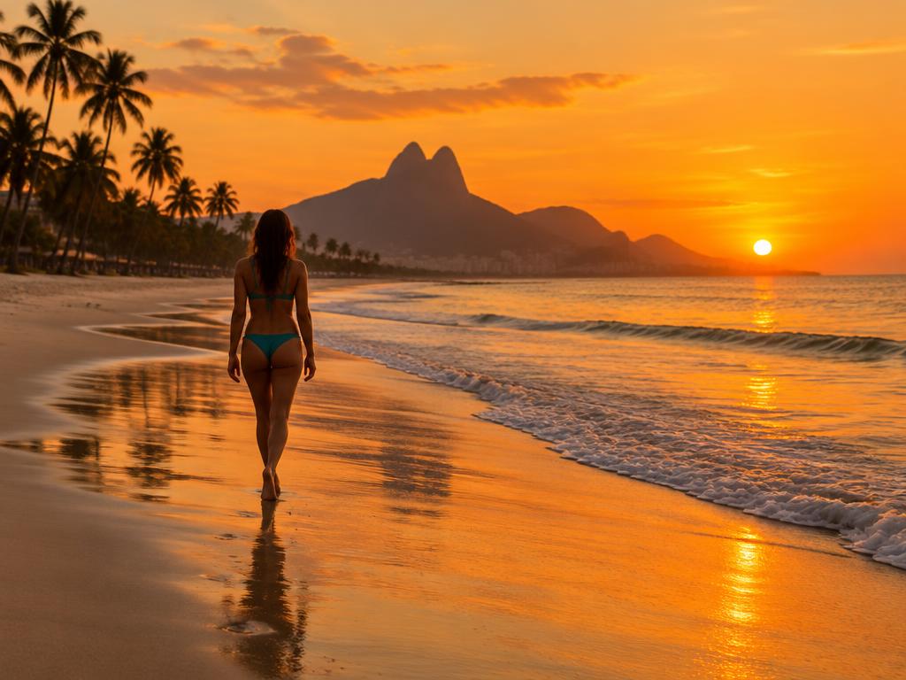 Illustrative photograph of a woman in a teal swimsuit walking at the waterline on a Brazilian beach, seen from behind