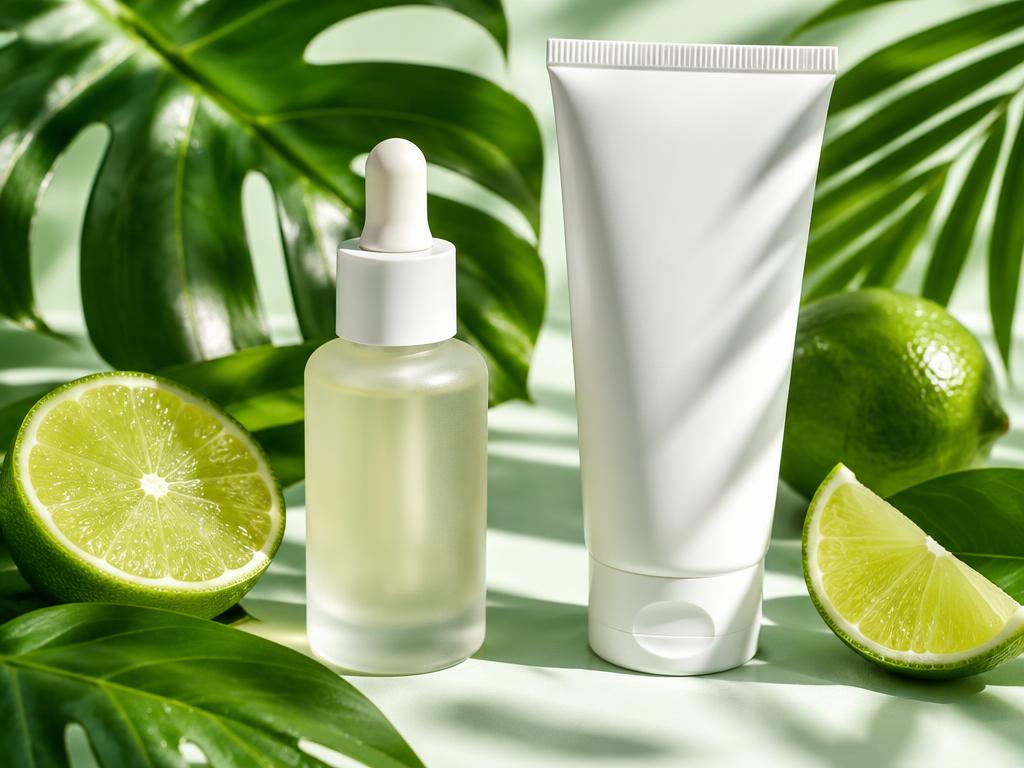 Illustrative skincare bottles with fresh lime and tropical leaves